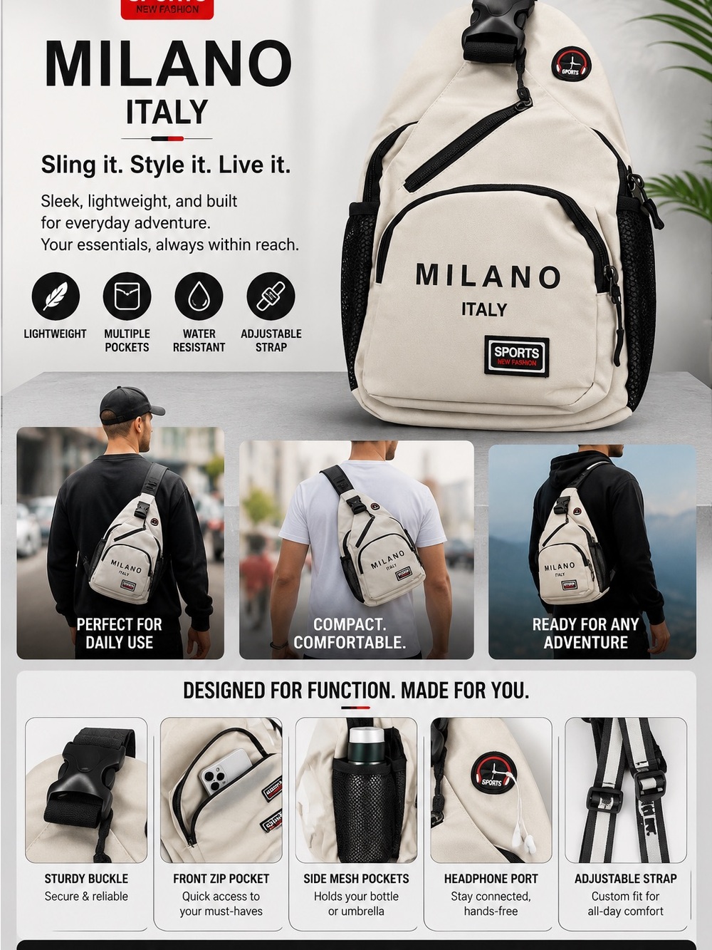 Milano Italy White Sling Bag - Sports